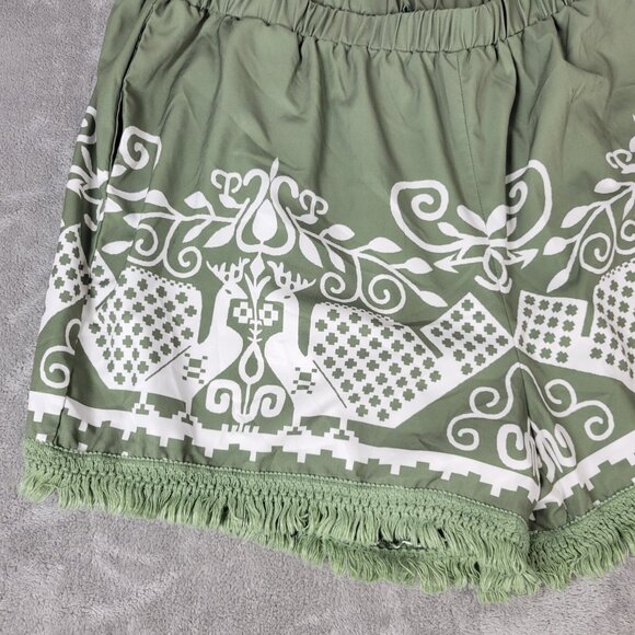 Shein Curve Womens Shorts 3XL Plus Green Bird Mural Geometric Lightweight GEO64E - Picture 3 of 9